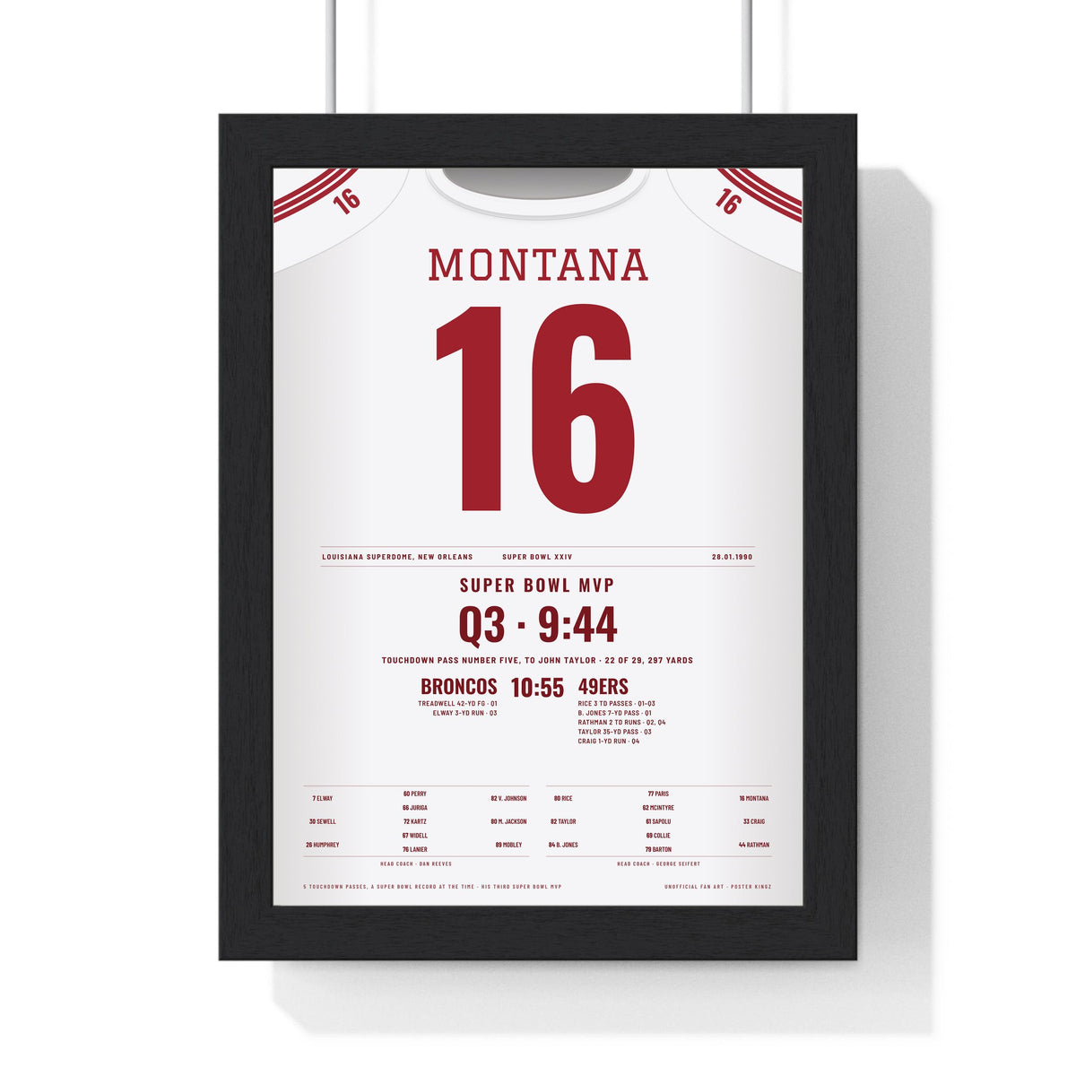 Joe Montana Super Bowl XXIV MVP Poster - San Francisco 49ers 16 Jersey Print framed in a black frame, ready to hang