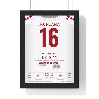 Joe Montana Super Bowl XXIV MVP Poster - San Francisco 49ers 16 Jersey Print framed in a black frame, ready to hang