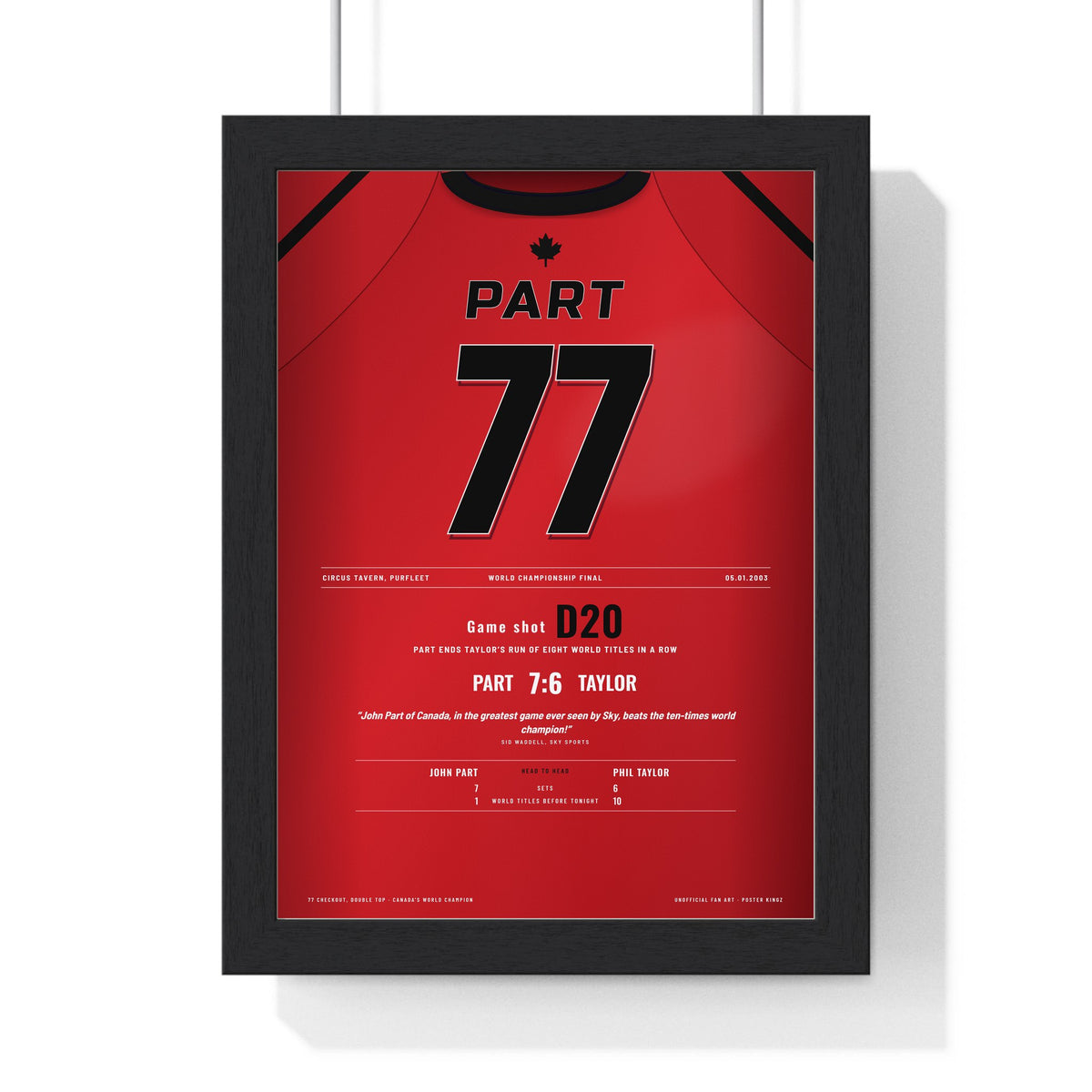 John Part World Darts Final 2003 Darts Poster - 7-6 v Phil Taylor Shirt Print framed in a black frame, ready to hang