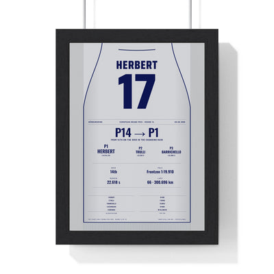 Johnny Herbert 1999 European Grand Prix Win Poster - 17 Race Suit Print framed in a black frame, ready to hang