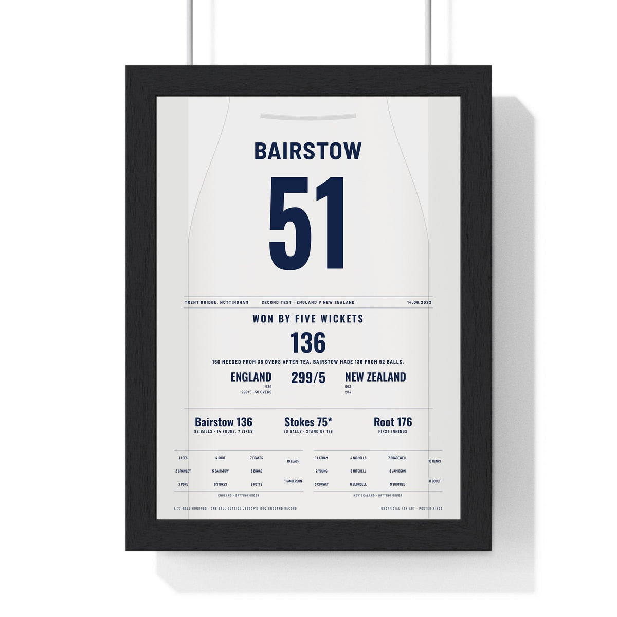 Jonny Bairstow Trent Bridge 2022 Cricket Poster - 136 Shirt Print framed in a black frame, ready to hang