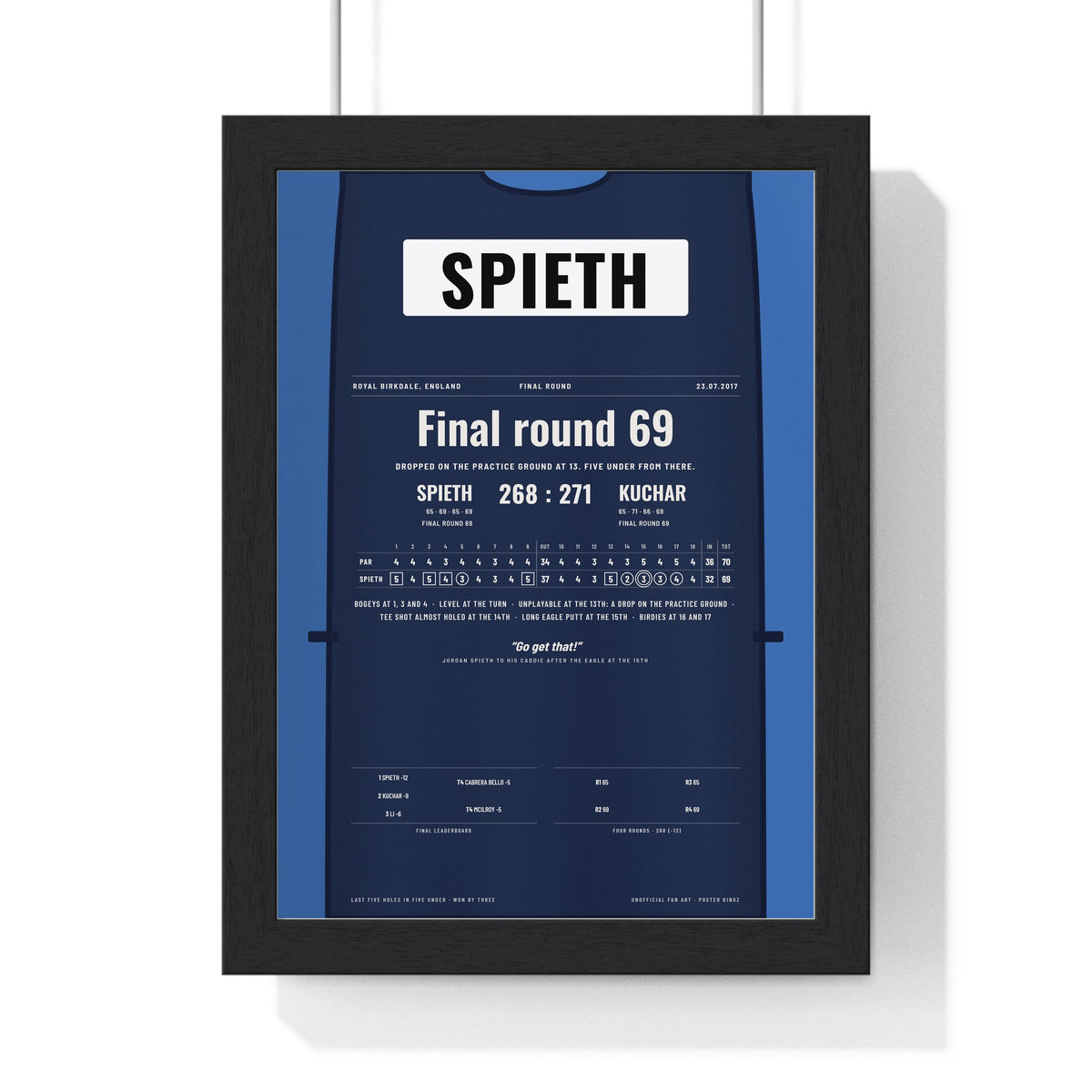 Jordan Spieth Royal Birkdale 2017 Golf Poster - Caddie Bib Final Round Win Print framed in a black frame, ready to hang