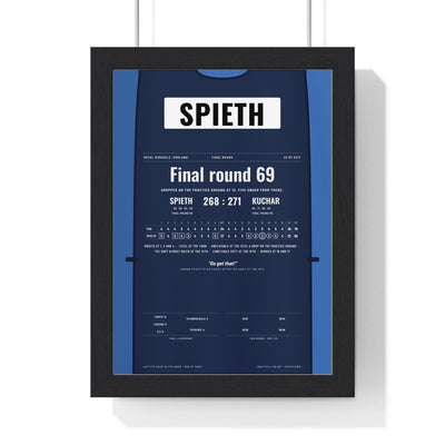 Jordan Spieth Royal Birkdale 2017 Golf Poster - Caddie Bib Final Round Win Print framed in a black frame, ready to hang