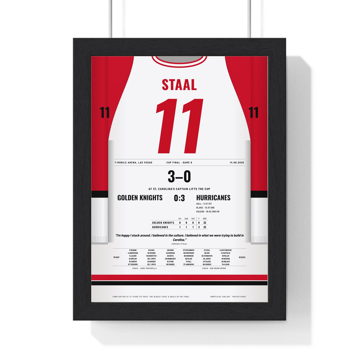 Jordan Staal 2026 Cup Final Game 6 Poster - Carolina Hurricanes 11 Hockey Jersey Print framed in a black frame, ready to hang