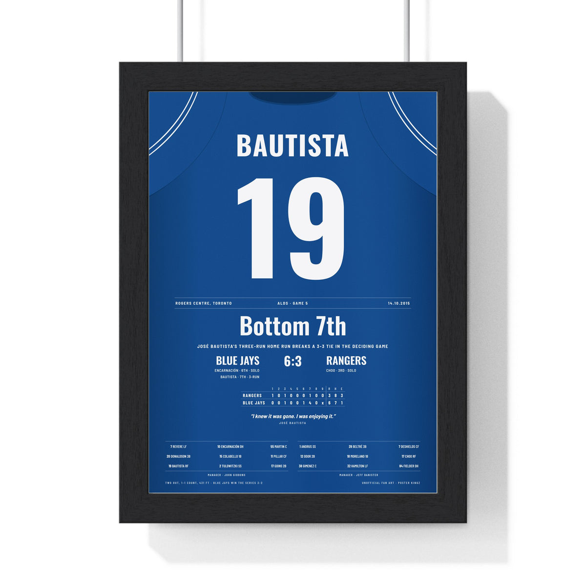 José Bautista 2015 ALDS Game 5 Home Run Poster - Toronto Blue Jays 19 Jersey Print framed in a black frame, ready to hang