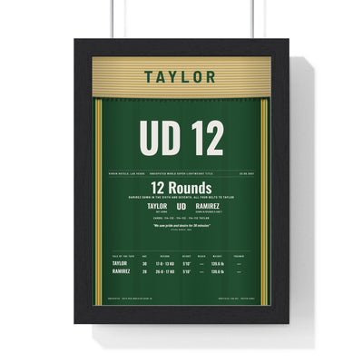 Taylor v Ramirez 2021 Boxing Poster framed in a black frame, ready to hang