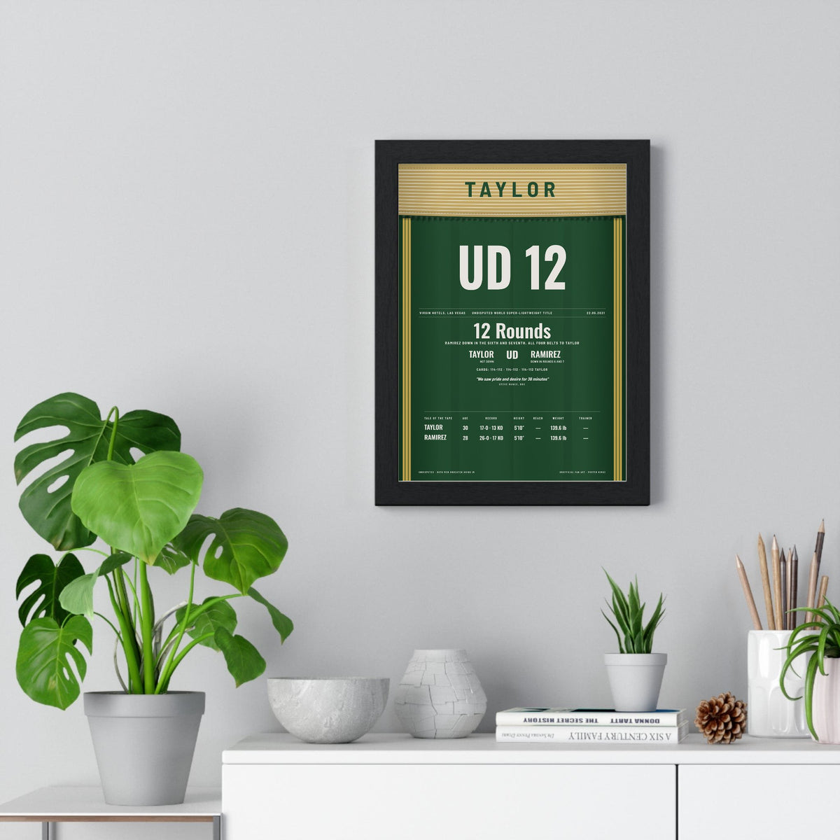 Taylor v Ramirez 2021 Boxing Poster framed on a living room wall