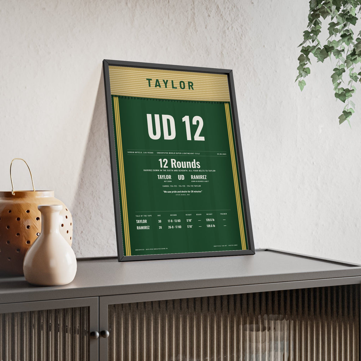 Taylor v Ramirez 2021 Boxing Poster framed and leaning on a sideboard