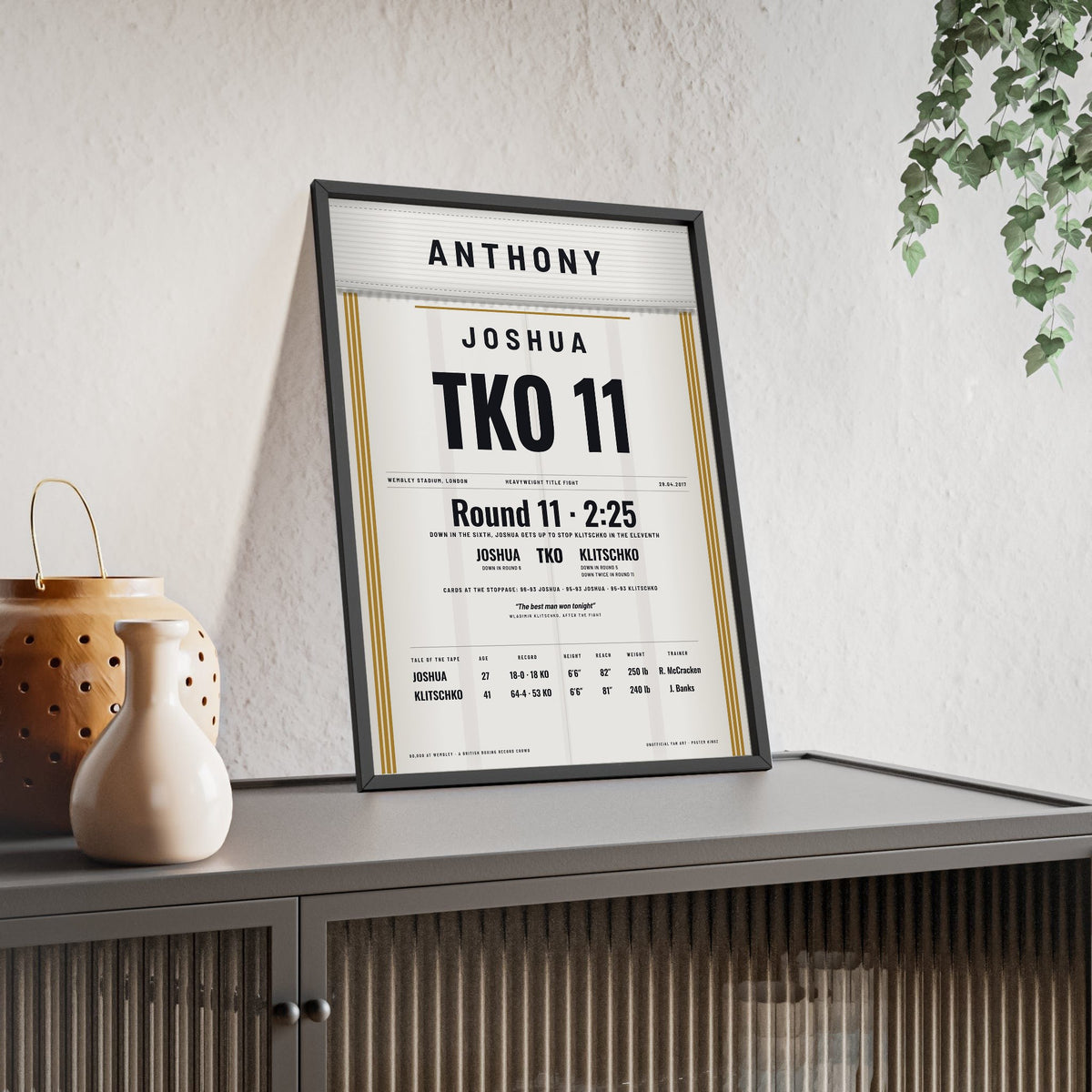 Joshua v Klitschko 2017 Boxing Poster print framed and leaning on a sideboard