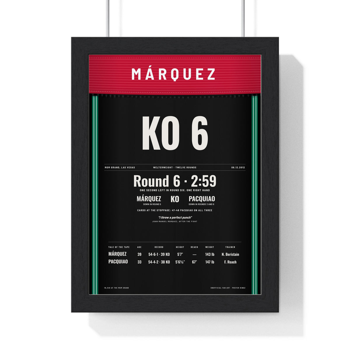 Marquez v Pacquiao 2012 Boxing Poster framed in a black frame, ready to hang