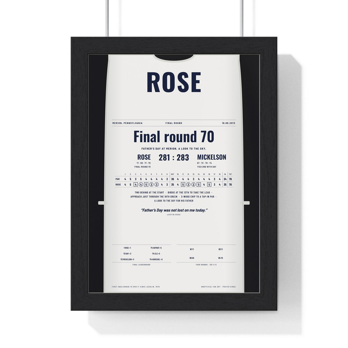 Justin Rose Merion 2013 Golf Poster - Caddie Bib Fathers Day Win Print framed in a black frame, ready to hang