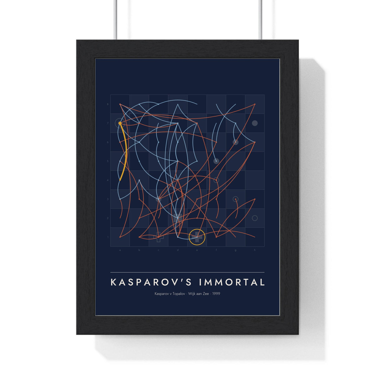 Kasparov's Immortal Chess print framed in a black frame, ready to hang
