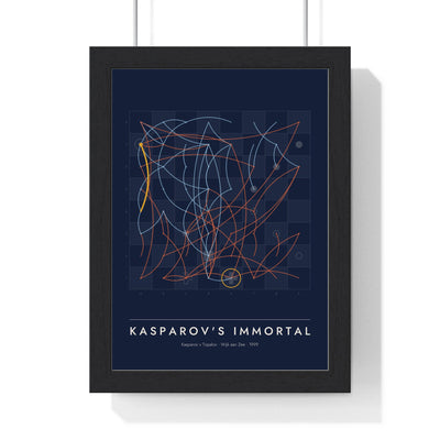 Kasparov's Immortal Chess print framed in a black frame, ready to hang