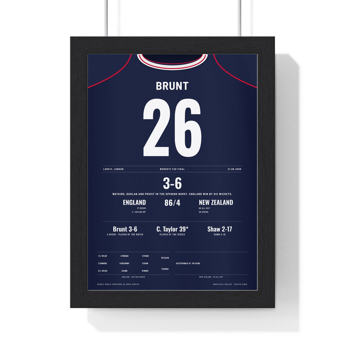 Katherine Brunt Lord's 2009 Women's T20 Final Cricket Poster - Brunt 26 Shirt Print framed in a black frame, ready to hang