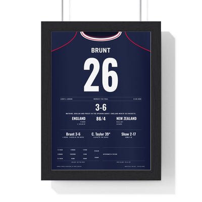 Katherine Brunt Lord's 2009 Women's T20 Final Cricket Poster - Brunt 26 Shirt Print framed in a black frame, ready to hang