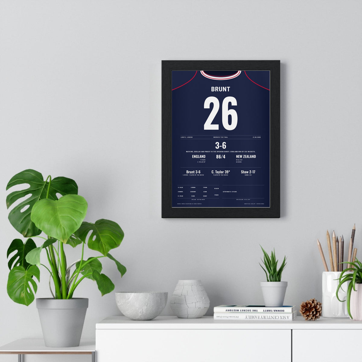 Katherine Brunt Lord's 2009 Women's T20 Final Cricket Poster - Brunt 26 Shirt Print framed on a living room wall
