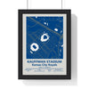 Kauffman Stadium map print framed in a black frame, ready to hang