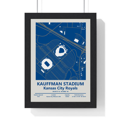 Kauffman Stadium map print framed in a black frame, ready to hang