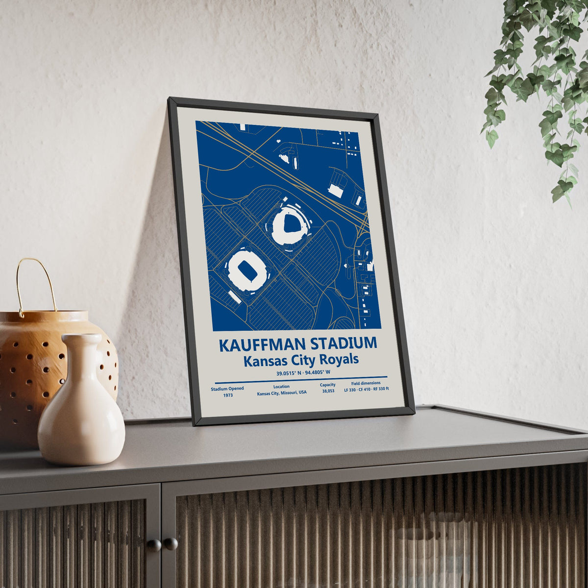 Kauffman Stadium map print framed and leaning on a sideboard