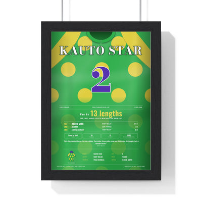 Kauto Star Cheltenham Gold Cup 2009 Horse Racing Poster - Gold Cup Regained Silks Print framed in a black frame, ready to hang