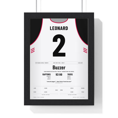 Kawhi Leonard 2019 Game 7 Buzzer-Beater Poster - Toronto Raptors 2 Four Bounces Jersey Print framed in a black frame, ready to hang