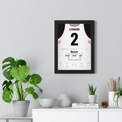 Kawhi Leonard 2019 Game 7 Buzzer-Beater Poster - Toronto Raptors 2 Four Bounces Jersey Print framed on a living room wall