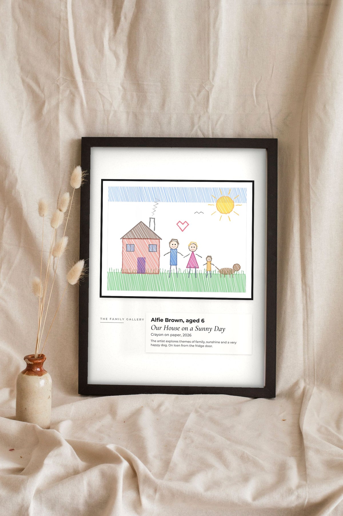 Personalised Kids Drawing Print - Lifestyle - leaning in a frame with dried flowers