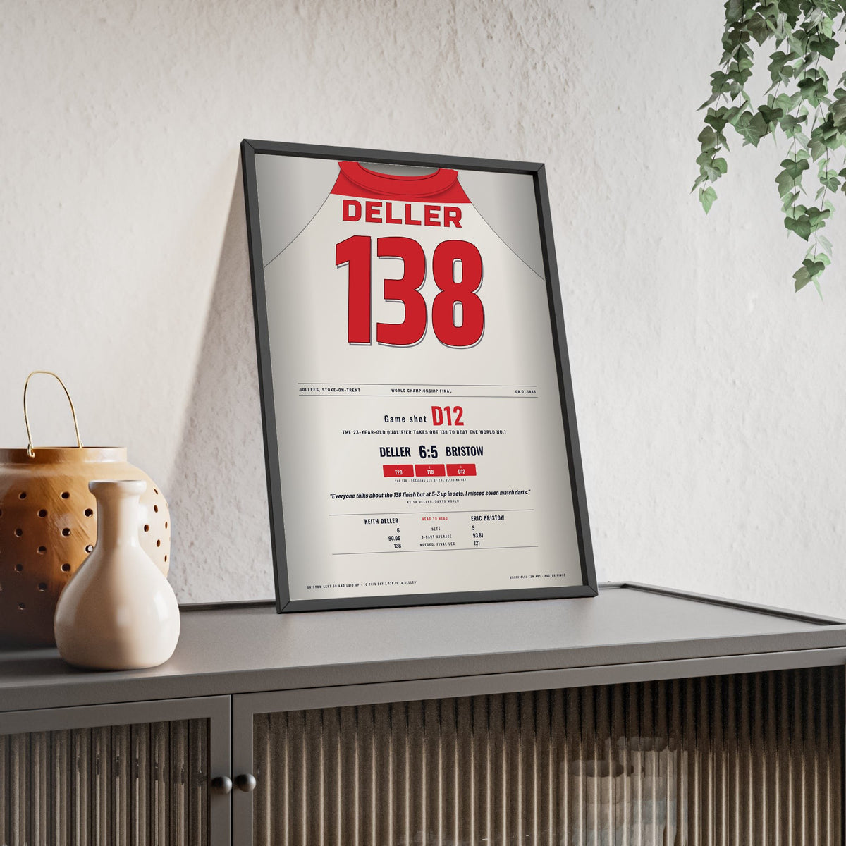Keith Deller World Darts Final 1983 Darts Poster - 138 Checkout v Bristow Shirt Print framed and leaning on a sideboard
