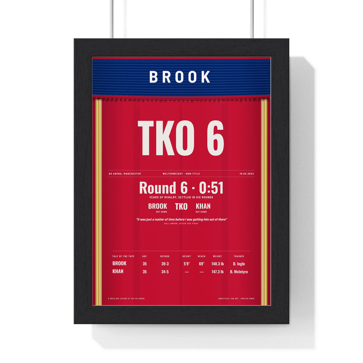 Brook v Khan 2022 Boxing Poster framed in a black frame, ready to hang