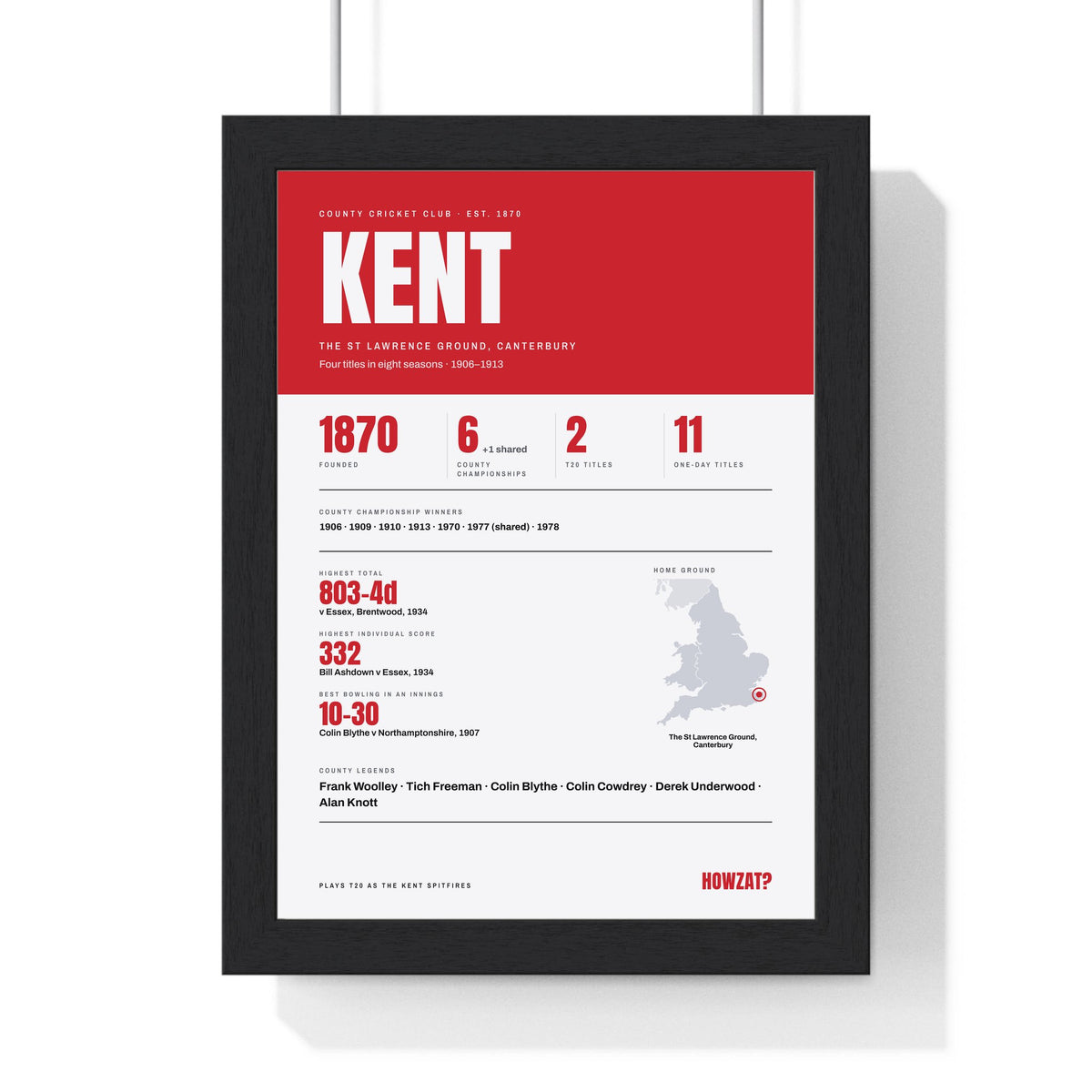 Kent Cricket print framed in a black frame, ready to hang