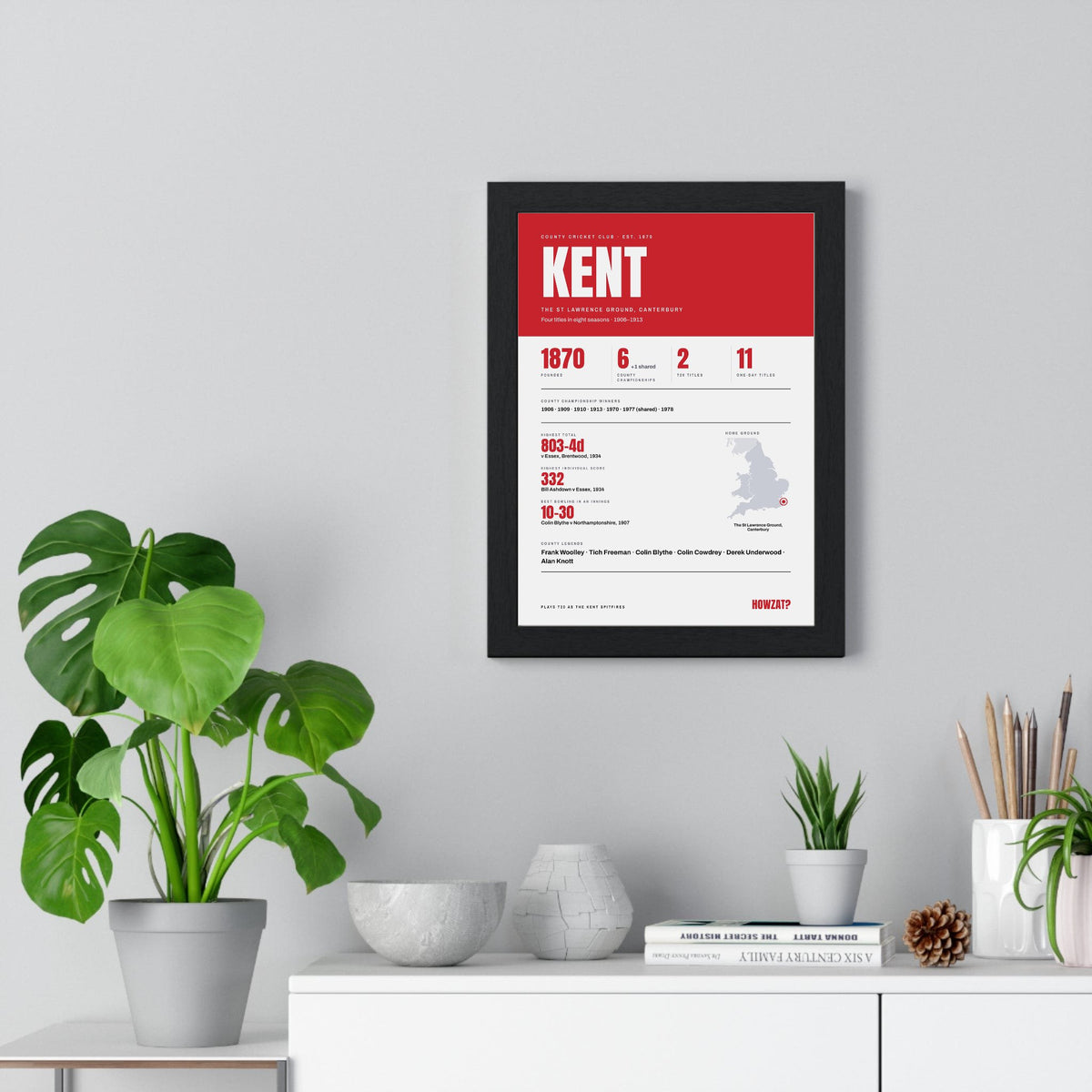 Kent Cricket print framed on a living room wall