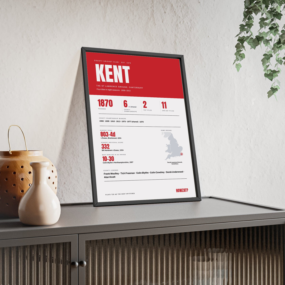 Kent Cricket print framed and leaning on a sideboard