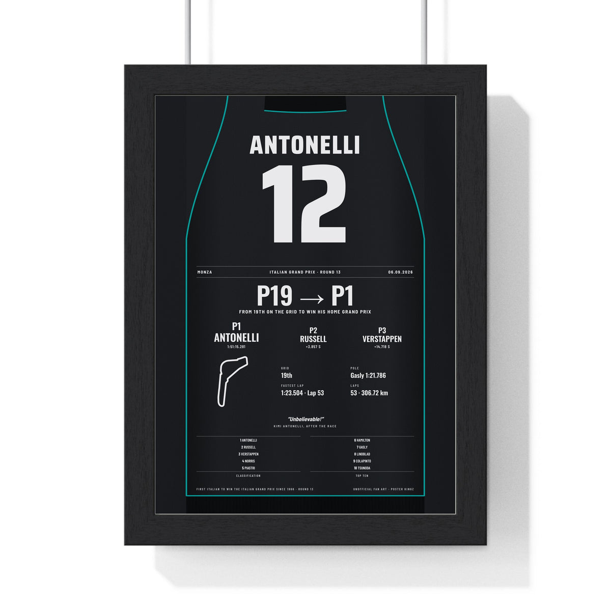 Kimi Antonelli 2026 Italian Grand Prix Win Poster - 12 Race Suit Print framed in a black frame, ready to hang