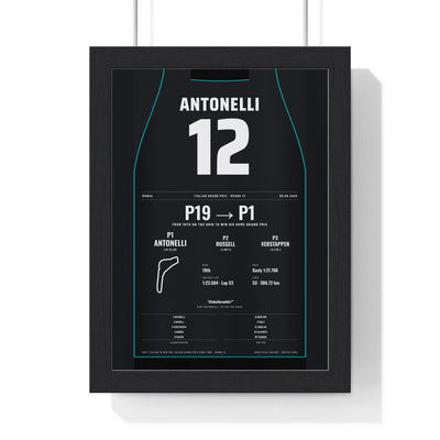 Kimi Antonelli 2026 Italian Grand Prix Win Poster - 12 Race Suit Print framed in a black frame, ready to hang