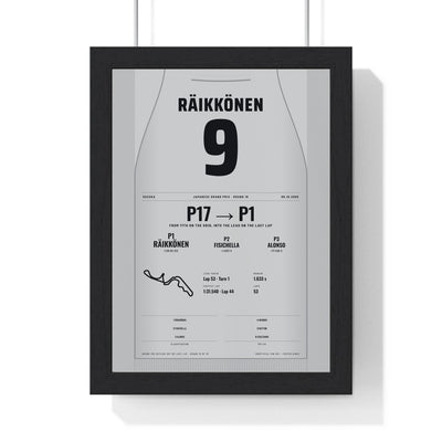 Kimi Raikkonen 2005 Japanese Grand Prix Win Poster - 9 Race Suit Print framed in a black frame, ready to hang