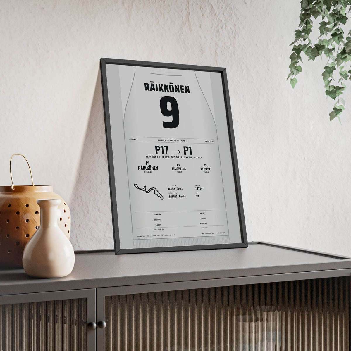 Kimi Raikkonen 2005 Japanese Grand Prix Win Poster - 9 Race Suit Print framed and leaning on a sideboard