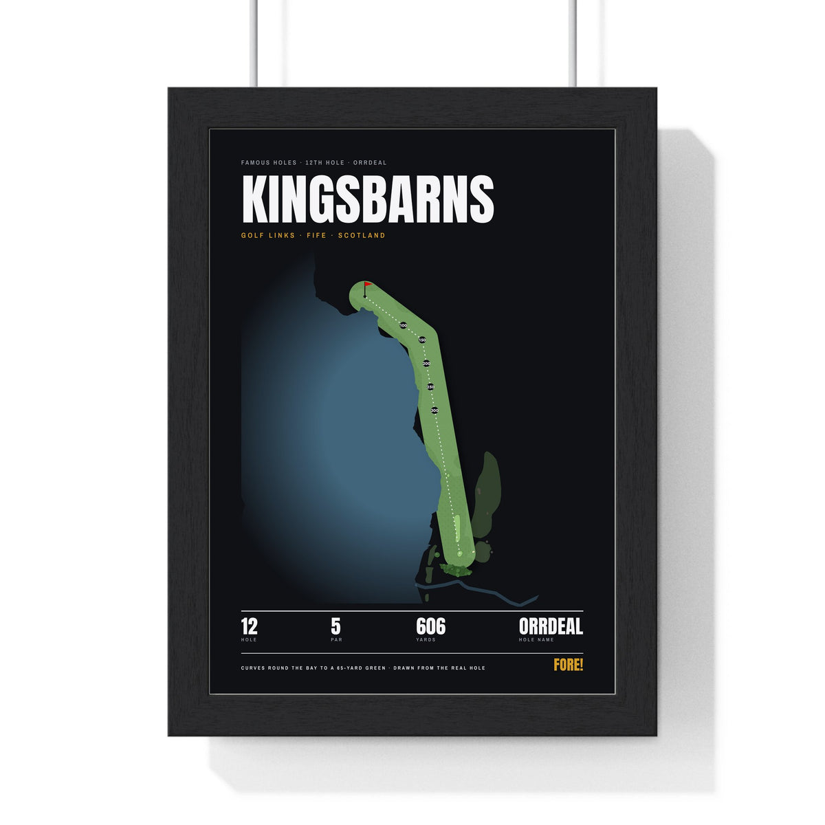 Kingsbarns 12th Hole print framed in a black frame, ready to hang