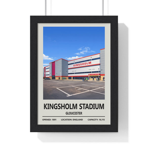 Kingsholm Stadium Gloucester rugby poster framed in black wooden frame