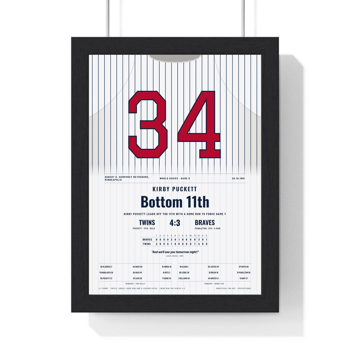 Kirby Puckett 1991 World Series Game 6 Walk-Off Home Run Poster - Minnesota Twins 34 Jersey Print framed in a black frame, ready to hang