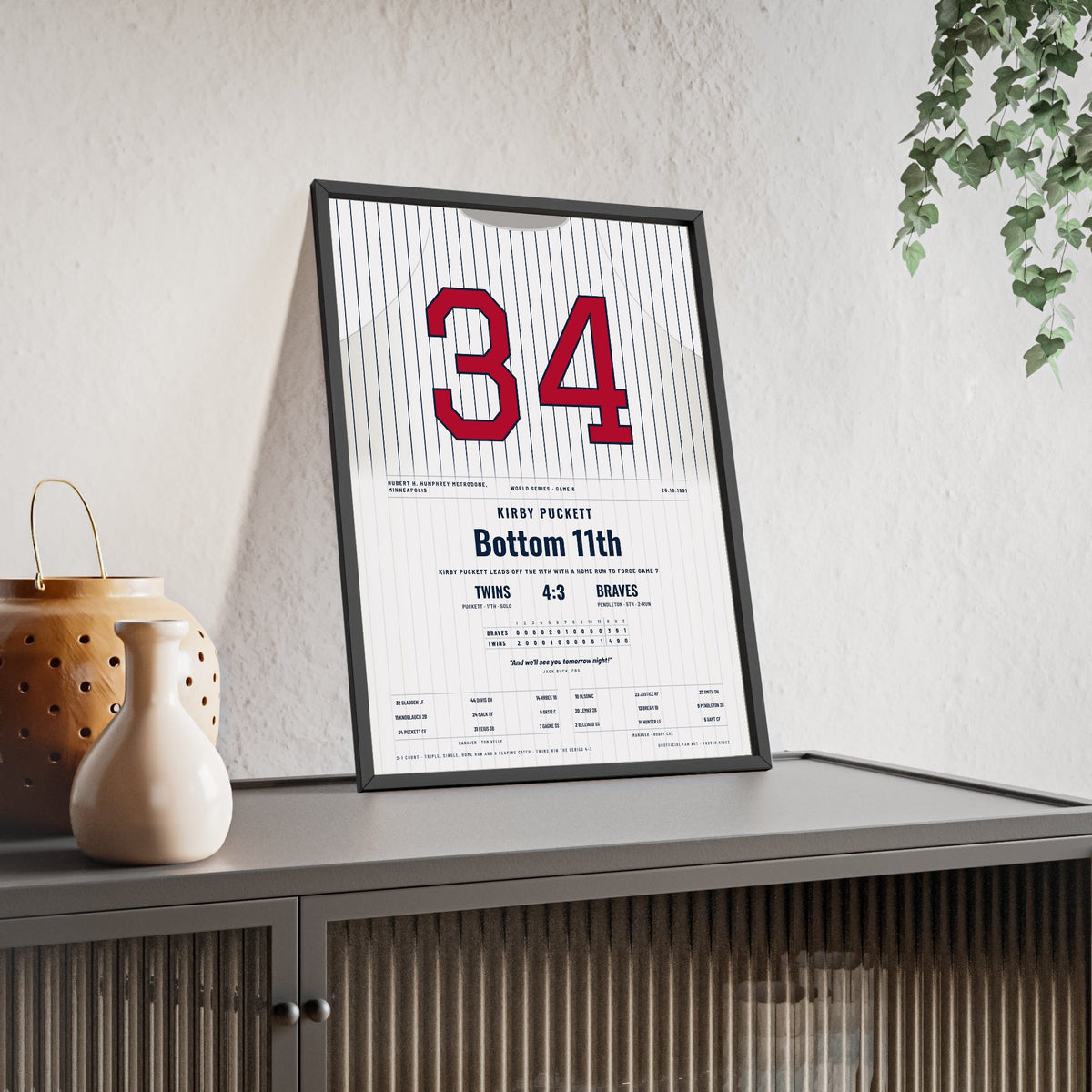 Kirby Puckett 1991 World Series Game 6 Walk-Off Home Run Poster - Minnesota Twins 34 Jersey Print framed and leaning on a sideboard
