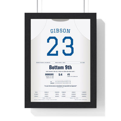 Kirk Gibson 1988 World Series Game 1 Walk-Off Home Run Poster - Los Angeles Dodgers 23 Jersey Print framed in a black frame, ready to hang