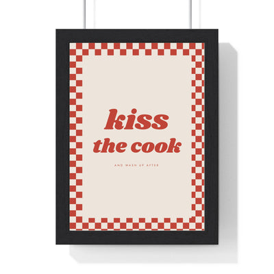 Kiss the Cook Print framed in a black frame, ready to hang