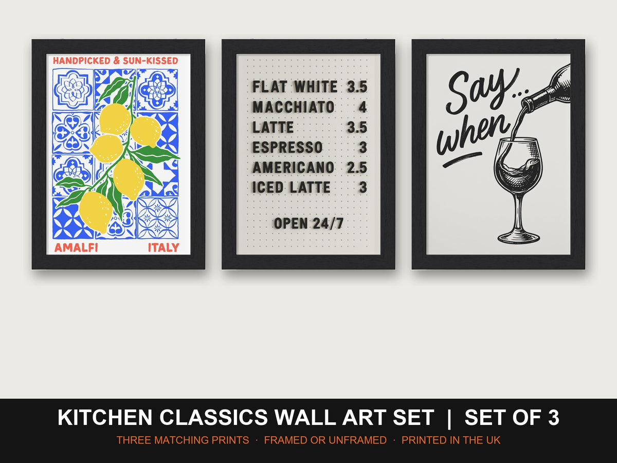 Kitchen Classics Wall Art Set | Set of 3 Prints: Amalfi Lemons, Coffee Menu, Say When - framed prints shown together as a set