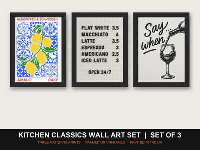Kitchen Classics Wall Art Set | Set of 3 Prints: Amalfi Lemons, Coffee Menu, Say When