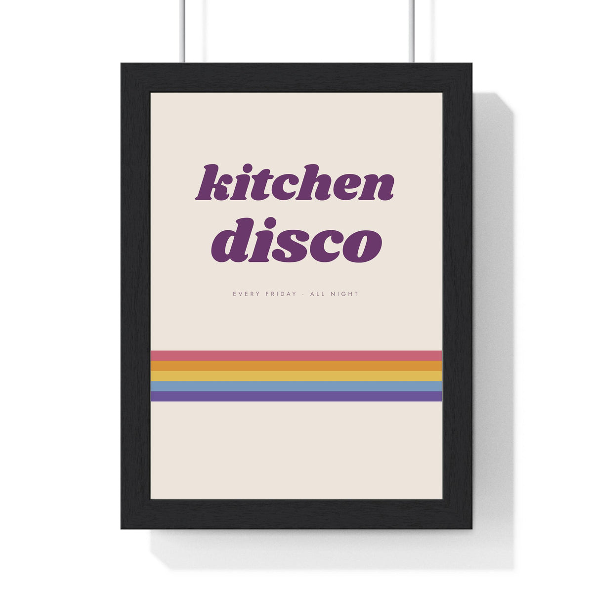 Kitchen Disco Print framed in a black frame, ready to hang