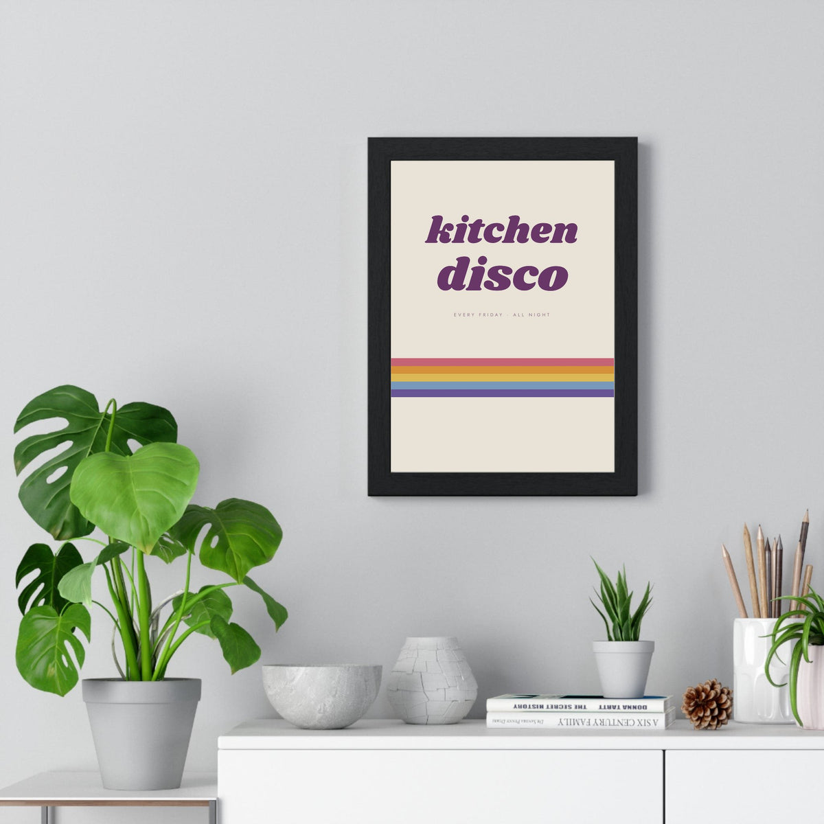 Kitchen Disco Print framed on a living room wall