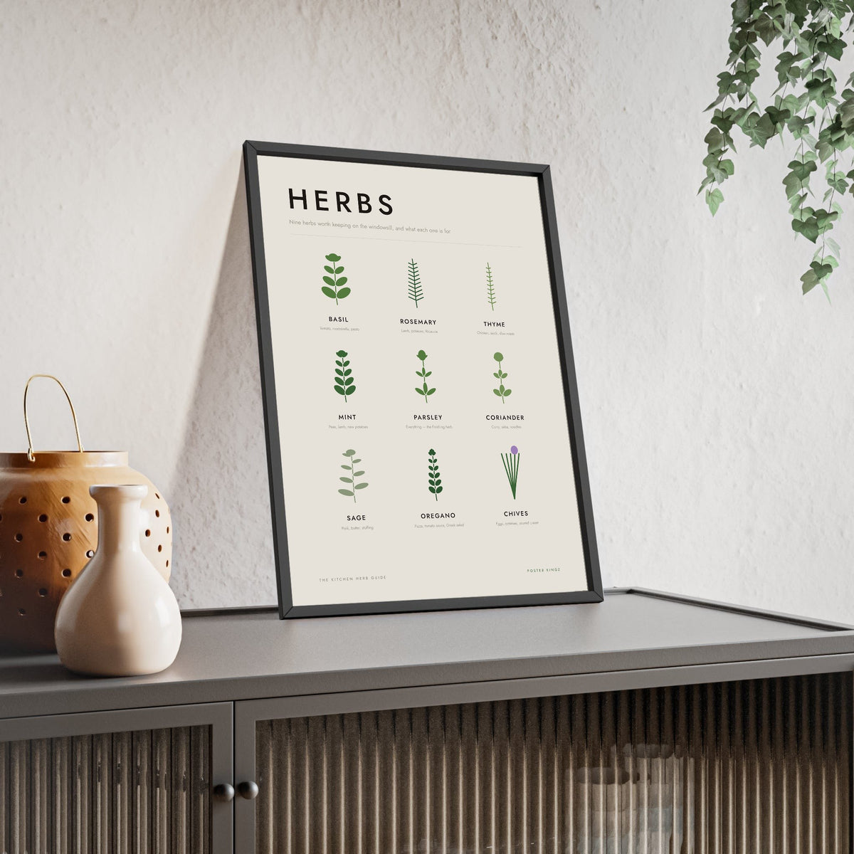 Kitchen Herb Guide print framed and leaning on a sideboard