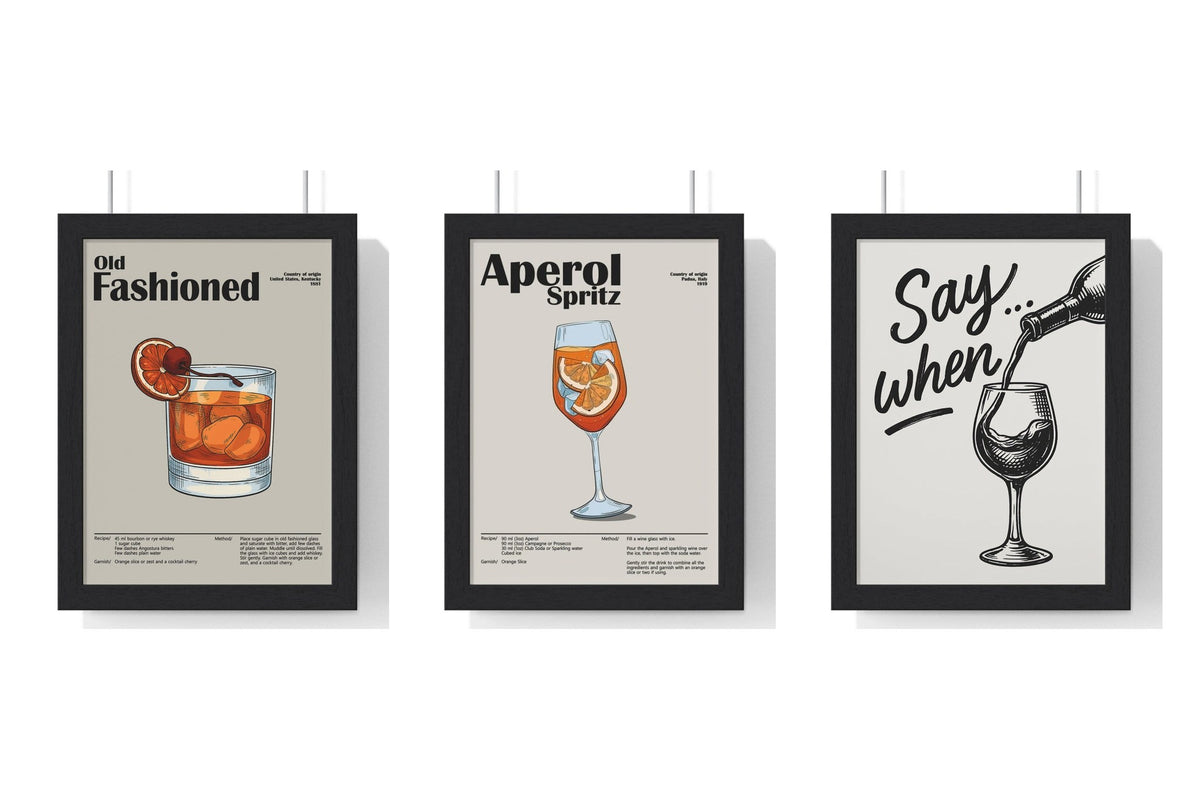 Build Your Own Kitchen Print Set - set of Old Fashioned Cocktail Poster – Vintage Whiskey Drink Print – Framed or Unframed, Aperol Spritz Cocktail Poster – Modern Bar Wall Art – Framed or Unframed, Funny Wine Poster – Say When Print for Kitchen & Bar