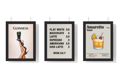 Build Your Own Kitchen Print Set - set of Guinness Beer Fashion Wall Art – Home Bar Decor Print, Coffee Menu Wall Art – Minimalist Kitchen Poster, Amaretto Sour Cocktail Poster – Classic Bar Drink Wall Art – Framed or Unframed