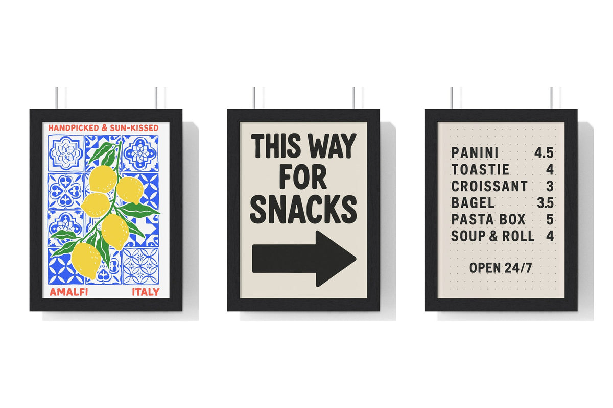 Build Your Own Kitchen Print Set - set of Amalfi Italy Lemon Poster Handpicked Sun Kissed Travel Gift, Funny Kitchen Poster – This Way For Snacks Arrow Print – Bold Wall Art, Retro Food Menu Poster – Kitchen Wall Art